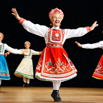 A group of professional adult Russian folk dancers, both male and female, in a dynamic and energetic performance. They wear vibrant, richly embroidered traditional Russian folk dance costumes, including a male in a rubakha and boots, and a female in a sarafan and kokoshnik. The dancers are mid-jump and spin, capturing an explosion of energy and joyful expression. The background is a traditional stage setting with warm, professional lighting. Fully clothed, modest clothing, appropriate attire, professional dress, natural pose, perfect anatomy, correct proportions, well-formed hands, proper finger count, natural body proportions, high-quality photography, sharp focus, safe for work, appropriate content, family-friendly.