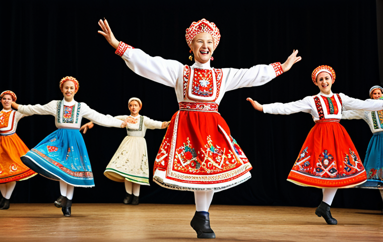 A group of professional adult Russian folk dancers, both male and female, in a dynamic and energetic performance. They wear vibrant, richly embroidered traditional Russian folk dance costumes, including a male in a rubakha and boots, and a female in a sarafan and kokoshnik. The dancers are mid-jump and spin, capturing an explosion of energy and joyful expression. The background is a traditional stage setting with warm, professional lighting. Fully clothed, modest clothing, appropriate attire, professional dress, natural pose, perfect anatomy, correct proportions, well-formed hands, proper finger count, natural body proportions, high-quality photography, sharp focus, safe for work, appropriate content, family-friendly.