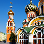 A majestic Russian Orthodox cathedral featuring an array of vibrant, multicolored onion domes and richly ornamented facades. Golden spires gleam under a clear, bright sky, casting a warm, inviting glow. Intricate traditional designs and historical artistry are evident across the building's surface. The setting evokes a grand, fairytale-like atmosphere in a historic city. Professional architectural photography, high resolution, detailed, safe for work, appropriate content, fully clothed, professional dress, perfect anatomy, correct proportions, natural pose.