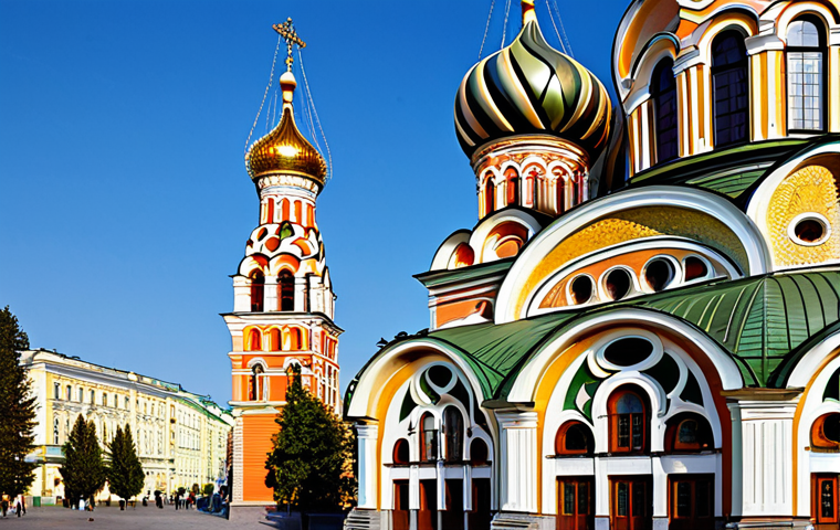 A majestic Russian Orthodox cathedral featuring an array of vibrant, multicolored onion domes and richly ornamented facades. Golden spires gleam under a clear, bright sky, casting a warm, inviting glow. Intricate traditional designs and historical artistry are evident across the building's surface. The setting evokes a grand, fairytale-like atmosphere in a historic city. Professional architectural photography, high resolution, detailed, safe for work, appropriate content, fully clothed, professional dress, perfect anatomy, correct proportions, natural pose.