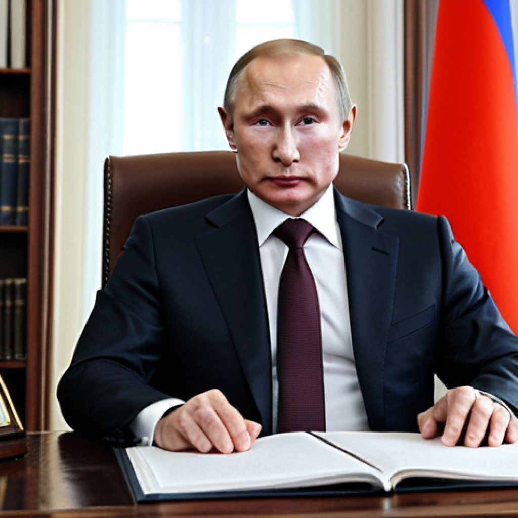 **

A professional-style photograph of Vladimir Putin seated at a large desk in the Kremlin. He is wearing a dark, well-tailored suit with a conservative tie. Bookshelves and Russian flags are visible in the background.  Fully clothed, appropriate attire, safe for work, perfect anatomy, natural proportions, professional, high quality.

**