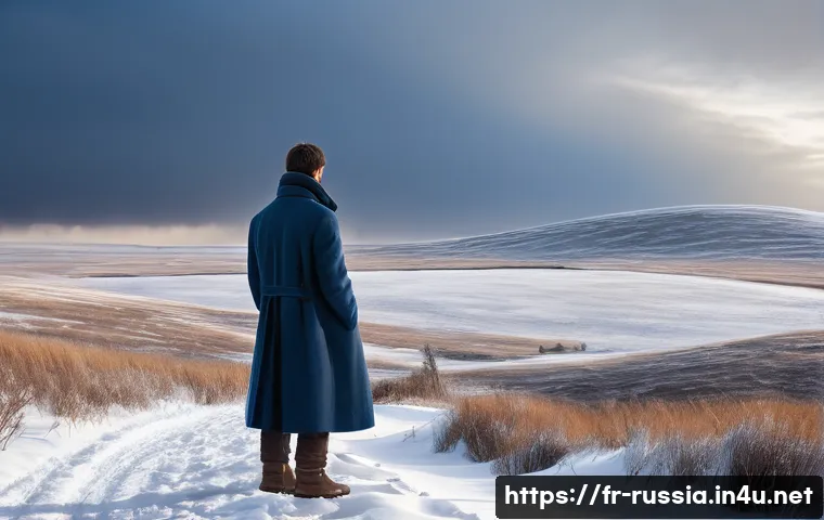 러시아 철학과 사상 - **Prompt:** A lone figure, a young adult (male or female), stands in a vast, snow-dusted Russian ste...