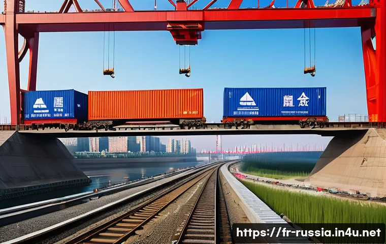 러시아와 중국의 관계 - A detailed scene depicting a bustling China-Russia border trade zone with modern infrastructure: fre...