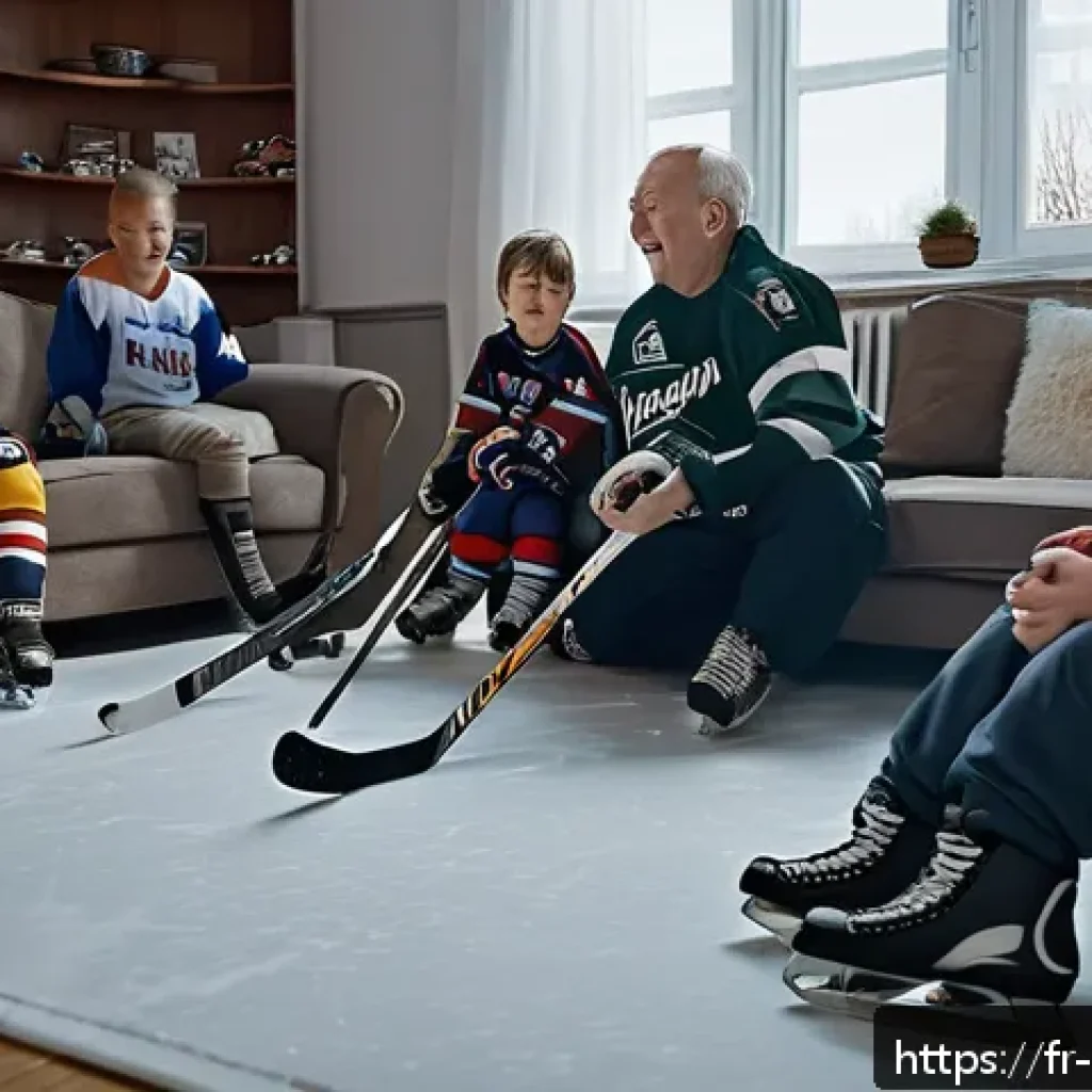 러시아에서 인기 있는 스포츠 - A lively Russian family gathered around a cozy living room watching an ice hockey game on TV, with g...