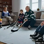 러시아에서 인기 있는 스포츠 - A lively Russian family gathered around a cozy living room watching an ice hockey game on TV, with g...