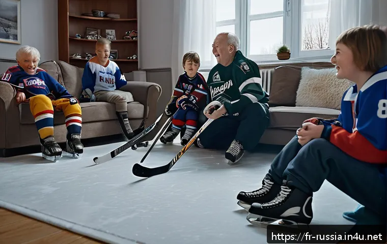 러시아에서 인기 있는 스포츠 - A lively Russian family gathered around a cozy living room watching an ice hockey game on TV, with g...