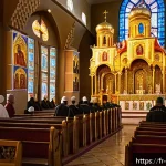 러시아 정교회 예배 - A richly decorated Russian Orthodox church interior during a liturgical service, featuring vibrant i...