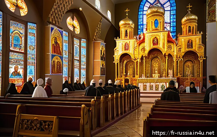 러시아 정교회 예배 - A richly decorated Russian Orthodox church interior during a liturgical service, featuring vibrant i...