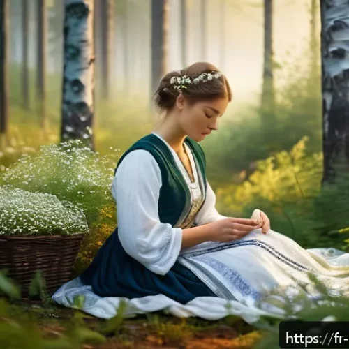 러시아 전통 향수 제조 - A serene Russian forest scene at dawn, featuring wild chamomile flowers, birch leaves, and juniper b...
