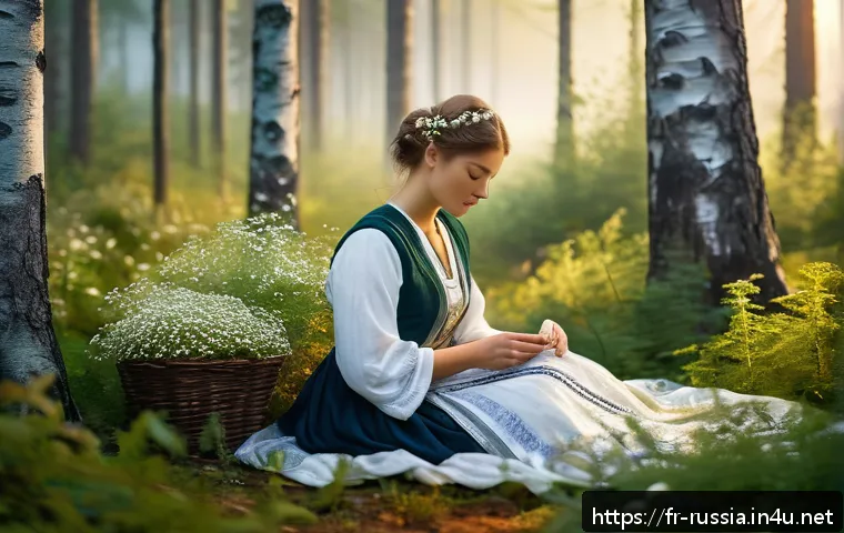 러시아 전통 향수 제조 - A serene Russian forest scene at dawn, featuring wild chamomile flowers, birch leaves, and juniper b...