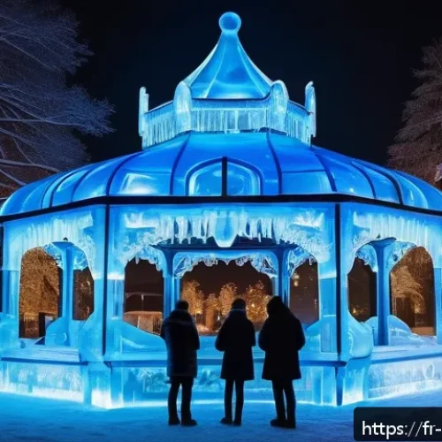 러시아 겨울 축제 - A breathtaking nighttime scene of intricately carved ice sculptures in a snowy Moscow park, illumina...