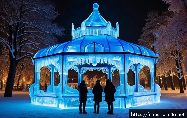 러시아 겨울 축제 - A breathtaking nighttime scene of intricately carved ice sculptures in a snowy Moscow park, illumina...