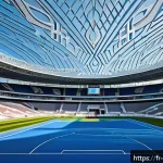 러시아 월드컵 경기장 - A highly detailed architectural rendering of the Kazan Arena stadium inspired by traditional Tatar m...