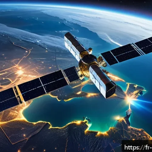 러시아의 위성 통신 기술 - A futuristic Russian satellite constellation orbiting Earth, showcasing interconnected satellites li...