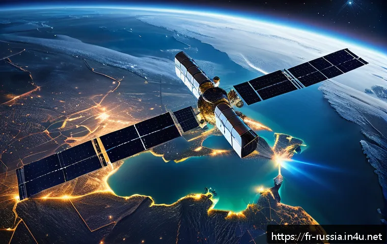 러시아의 위성 통신 기술 - A futuristic Russian satellite constellation orbiting Earth, showcasing interconnected satellites li...