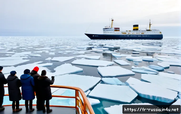 러시아 북극 탐험 여행 - Photorealistic Russian Arctic expedition voyage, a modern ice-strengthened ship navigating through v...