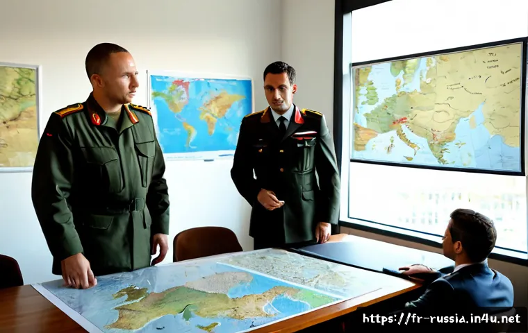 러시아 군사력과 전략 - Photorealistic strategic military briefing scene in a modern French defense analysis office, a diver...