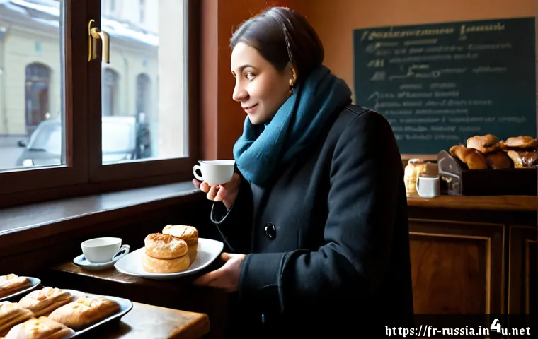 러시아에서 현지인처럼 여행하기 - Photorealistic winter morning in a cozy Moscow neighborhood café, a French-speaking traveler dressed...