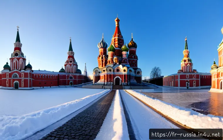 러시아 건축 양식 - Photorealistic wide-angle view of traditional Russian architecture in Moscow at winter dawn, colorfu...